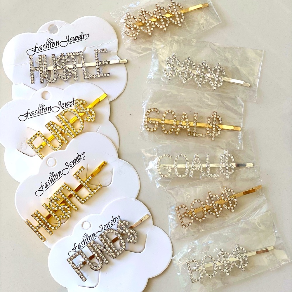 NWT Boss, Hustle, Goals Rhinestone Hair Pins